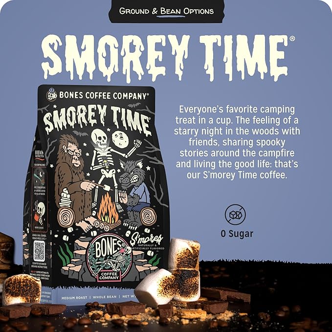 Bones Coffee Company S'morey Time Flavored Coffee - Medium Roast - Ground or Whole Bean - Low-Acid Arabica Coffee Beans - Balanced S'mores and Graham Cracker Flavor - 12 Oz