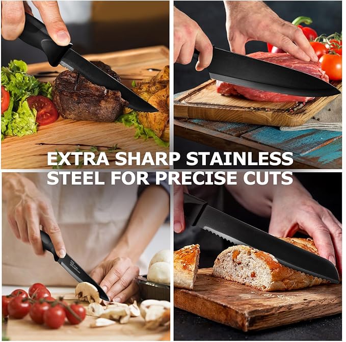 LIANYU Kitchen Knife Set with Block and Sharpener, 15 Pieces Knife Block Set, High Carbon Stainless Steel Chef Knife Set, Includes Utility Paring Santoku Steak Knife, Sharp&Rust Resistant, Black