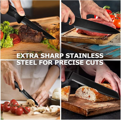 LIANYU Kitchen Knife Set with Block and Sharpener, 15 Pieces Knife Block Set, High Carbon Stainless Steel Chef Knife Set, Includes Utility Paring Santoku Steak Knife, Sharp&Rust Resistant, Black