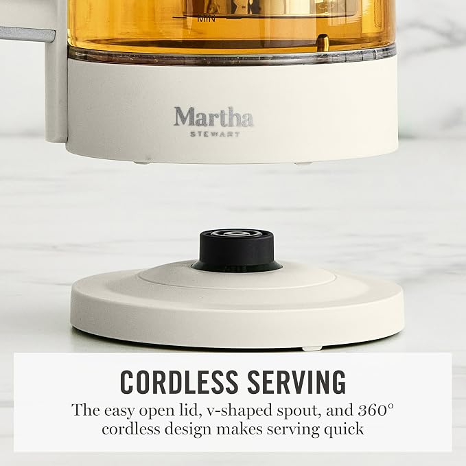Martha Stewart Electric Kettle with Removable Stainless Steel Tea Infuser, Glass Carafe 1.7L (7 Cups), Hot Water Boiler, 4 Presets, Keep Warm & Auto Shut-Off, Cordless 360° Swivel Base, Linen Cream