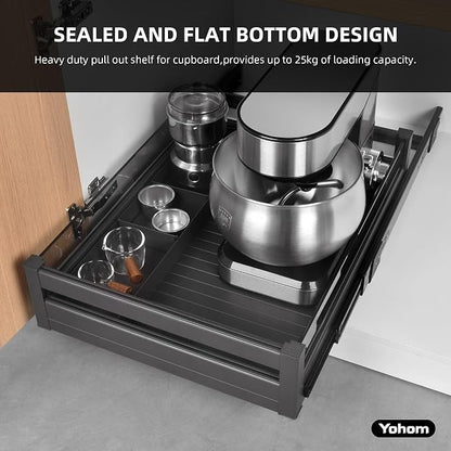 YOHOM Pull Out Cabinet Organizer – 17" W x 21" D Aluminum & Glass Drawer Organizer with Removable Dividers, Heavy Duty Pull Out Shelf for Kitchen Cabinets, Sliding Storage Tray, DIY Single Tier