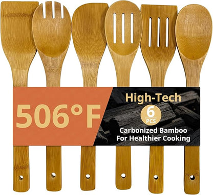 Premium Natural Carbonized Bamboo Kitchen Utensil Set, 6-Piece Non-Scratch Wooden Spoons & Spatulas, Durable Heat-Resistant Tools for Non-Stick Pans (Carbonized Bamboo 02)