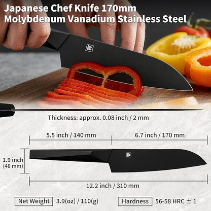 6.7 Inch Santoku Knife, Made in Japan, Matte Black High Carbon Molybdenum Stainless Steel Japanese Chef Knife with NonSlip Handle, Kitchen Knife for Modern Kitchen Gifts