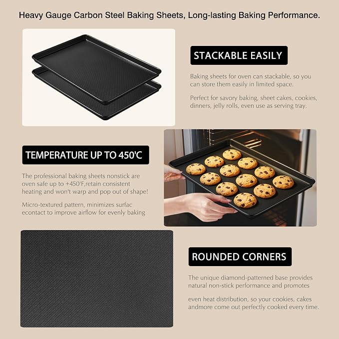 GIUOIDUO 2-Pack Commercial & Home Baking Sheet Pans - Heavy Duty Nonstick Carbon Steel Cookie Trays, Warp-Resistant Oven Pans for Baking, Roasting & Sheet Pan Meals (17.5x11.8 Inch)