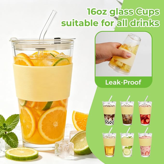 Birity 16oz Glass Cup with Lid and Glass Straw,Set of 2 Thickened Glass Coffee Tumblers with Silicone Sleeve,Reusable Iced Coffee Cups for Smoothie、Soda Water、Juice、MilkSshake、Travel Cup
