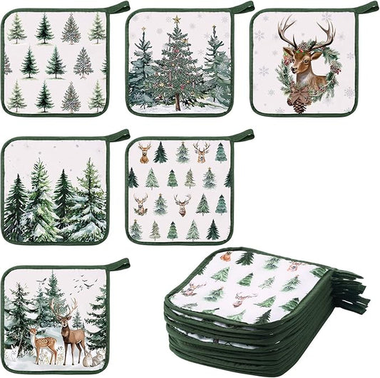 Bencailor 12 Pcs Pot Holders with Pocket Kitchen Hot Potholders Hot Pad Oven Mitts Cookie Bag Oven Gloves for Kitchen Gift Baking Cooking (Green,Reindeer)