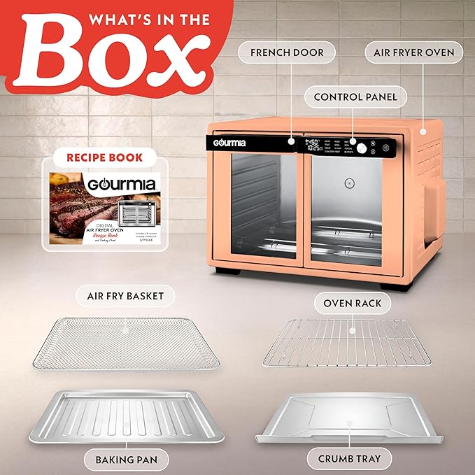 Gourmia French Door Air Fryer Oven - 37 Qt Large Capacity Convection Toaster Oven, FryForce 360°, Digital Display, 12 Cooking Presets, Dehydrate, Fits 13” Pizza, Dishwasher-Safe, Peach