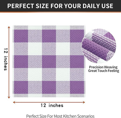 Homaxy 100% Cotton Waffle Weave Check Plaid Dish Cloths, 12 x 12 Inches, Super Soft and Absorbent Dish Towels Quick Drying Dish Rags, 6-Pack, White & Purple