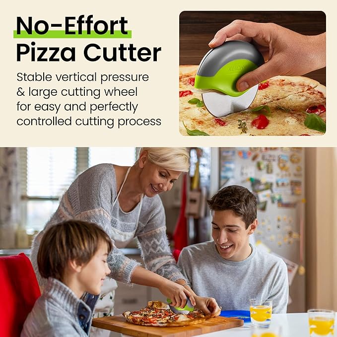 Kitchy Pizza Cutter Wheel, Heavy Duty Ergonomic Pizza Slicer with Easy Grip Non-Slip Handle and Blade Cover, Dishwasher Safe (Green)