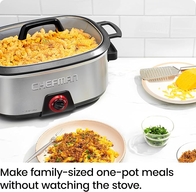 Chefman 6-Quart Slow Cooker, Electric Countertop Cooking, Stovetop & Oven-Safe Removable Insert for Browning & Sautéing, Family-Size Soups & Stews, Nonstick & Dishwasher-Safe Interior,Stainless Steel