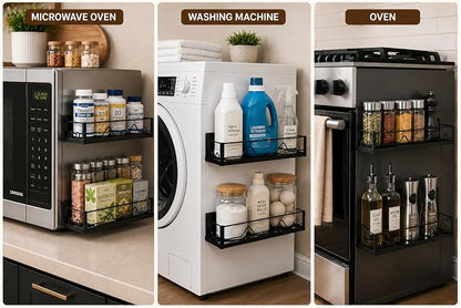 Magnetic Spice Rack for Refrigerator & Oven, 4 Pack XL Heavy Duty Magnetic Shelf for Fridge with Hooks, No Drill Rust Proof Shelves for Washer and Dryer, Sleek fridge magnet organizer