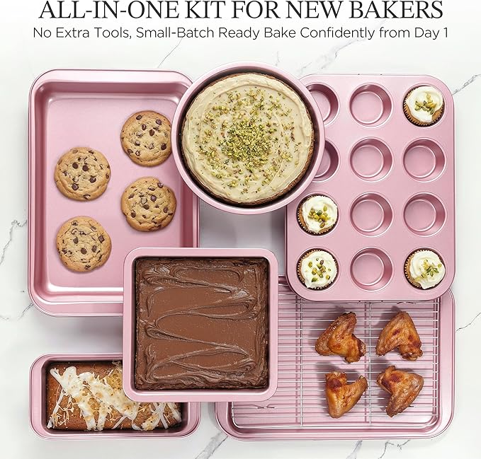 KITESSENSU Baking Pans Sets, Nonstick Bakeware Sets 7-Piece with Round/Square Cake Pan, Loaf Pan, Muffin Pan, Cookie Sheet, Roast Pan, Cooling Rack, Carbon Steel Bake Set Pink