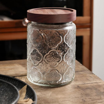 Custde Glass Storage Jars With Airtight Lid, 23.7oz Container For Kitchen Counter with Wooden Lid, brown sugar, candy, coffee, cookie, salt, tea, cute Jar (Begonia Flowers*2)