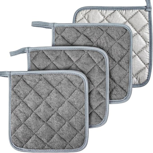 MAQIHAN Pot Holders for Kitchen - 4 PCS Cotton Pot Holder Set Hot Pads for Kitchen and Dining Essentials Decor and Accessories Gray 7 Inch Terry Cloth for Oven Cooking Baking Pans
