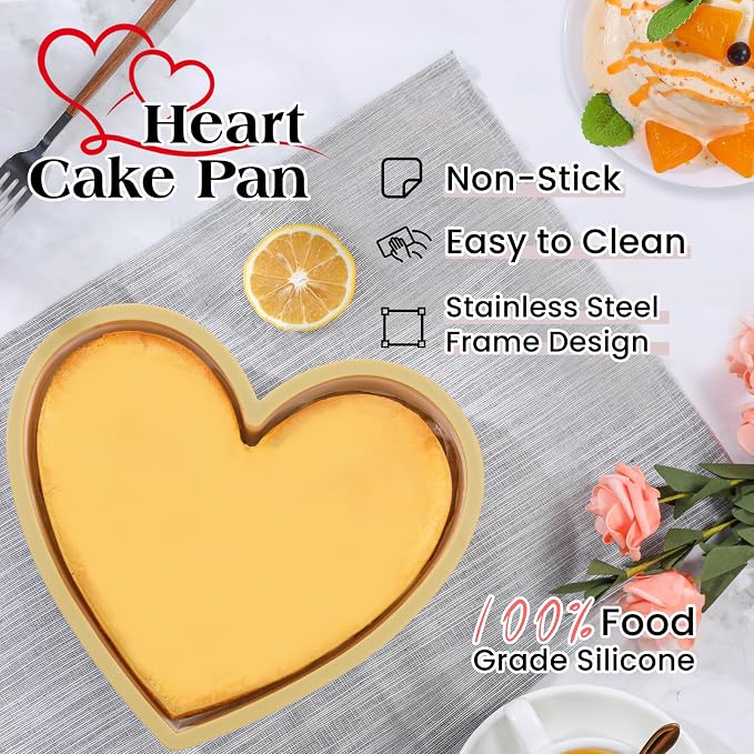 FUNBAKY Metal Reinforced Frame Silicone Heart Shaped Cake Pans - 10 Inch, Nonstick Molds for Cake Pan, Reusable and Easy to Release, Food Grade Silicone for Oven, Dishwasher, Freezer (2 Pack)