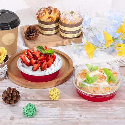 Beasea Disposable Mini Pie Tins with Lids, 100 Pack 4” 8oz Bright Red Aluminum Baking Foil Tins Small Round Tart Container for Individual Dessert Cupcake Muffin Cheesecake Ramekin Quiche Oven Dishes