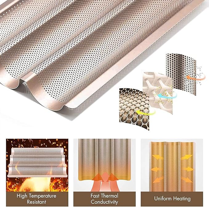 Baguette Pans for Baking 15" x 11", Carbon Steel 3 Loaf Nonstick Baguette Baking Tray for French & Italian Perforated French Bread Pan (2pack - Gold)