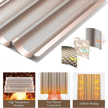 Baguette Pans for Baking 15" x 11", Carbon Steel 3 Loaf Nonstick Baguette Baking Tray for French & Italian Perforated French Bread Pan (2pack - Gold)