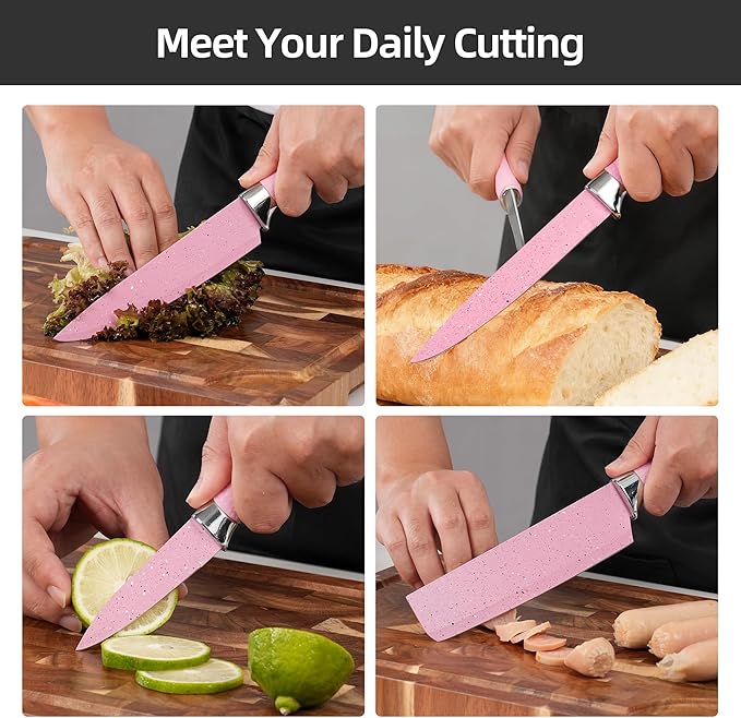 TJ POP Kitchen Knife Set with Peeler and Scissors, 6 PCS Rustproof Sharp Chef Knives Set with Food Grade Non-Stick Coated Stainless Steel Blades, Cute Pink Knife Set for Home Restaurant Camping BBQ
