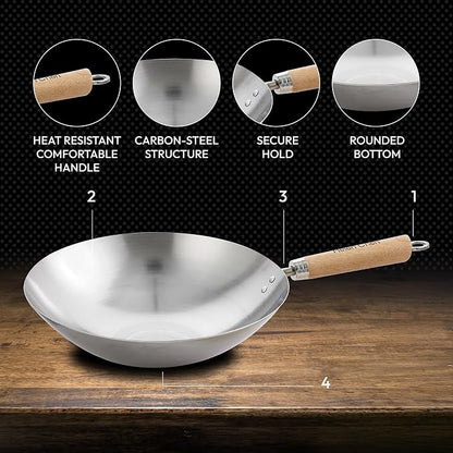 Helen's Asian Kitchen Carbon Steel 4-Piece Wok Set, 12-Inch Round Bottom Wok