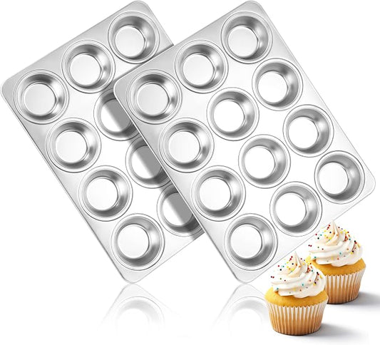 Herogo 2 Pack 12-Cup Stainless Steel Cupcake Pan Tin for Making Egg Muffin Quiches, Metal Muffin Tray Set for Baking, Mini Brownie, Regular Size & Easy Clean, Oven & Dishwasher Safe