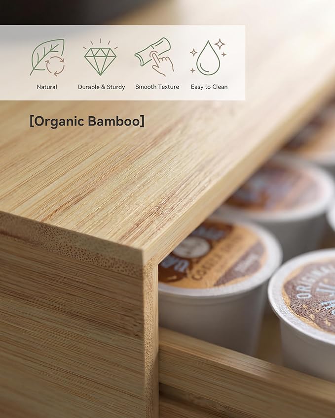 Bamboo Coffee Pod Drawer Organizer Compatible with K-Cups, Under Cabinet Coffee Station Storage Rack, Natural Wood Capsule Holder for 72 Pods, Countertop Coffee Machine Stand