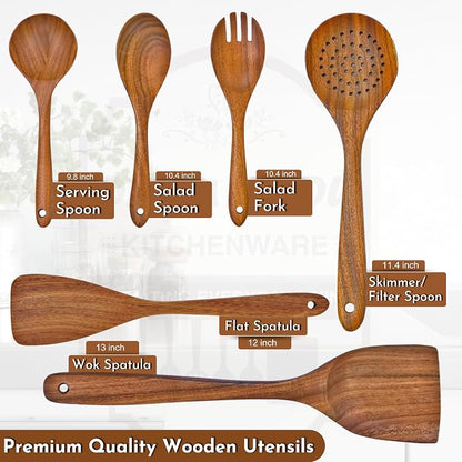 DADU BADU 6 Piece Teak Wood Utensil Set Non Toxic, Handmade Cooking Spoons & Spatulas for Nonstick Cookware Includes Wok Spatula, Skimmer & Salad Set Heat Resistant Kitchen Utensil Gift Set