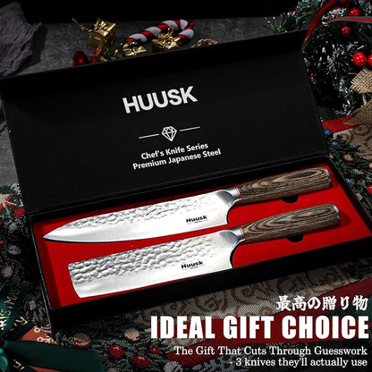 Huusk Japanese Kitchen Knife Set of 2 - Professional Chef Knives Set for Kitchen, Hand Forged Nakiri Vegetable Chopping Knife, Meat Cleaver Knife Set for Meat Cutting, Fathers Day Gift Idea for Dad