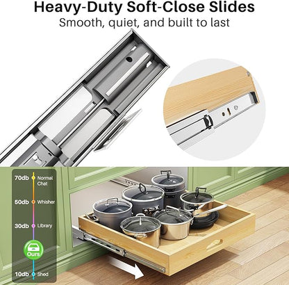 Pull Out Cabinet Organizer, Soft Close Wooden Slide Out Drawers for Pots and Pans, Full-extension Roll Out Shelves for Kitchen Cabinets, Pantry Organization, Bottom & Side Mount(23"W X 21"D x 3.4''H)
