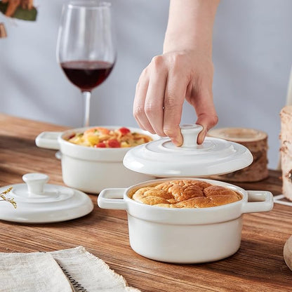 Lareina Mini Cocotte - 12oz Ceramic Casserole Dishes - Kitchen Casserole Sets With Handles And Lid - Small Baking Ramekins - Oven, Microwave & Dishwasher Safe - Set of 4 - White