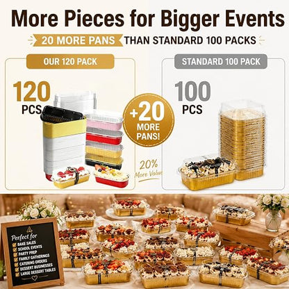 YQER 120 Pack Mix Color Mini Cake Pans with Lids and Spoons, 6.8 oz Disposable Aluminum Foil Mini Loaf Pans Cake Tins Bulk Set with Stickers for Baking, Bake Sales, Parties and Dessert Prep