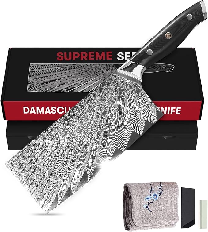 Master Maison Authentic 7.5" Damascus Cleaver Knife with Full-Tang Handle, Sheath, Sharpening Stone, Storage Box & Drying Cloth | AUS-10 Japanese Stainless Steel Professional Chef Butcher Knife Set