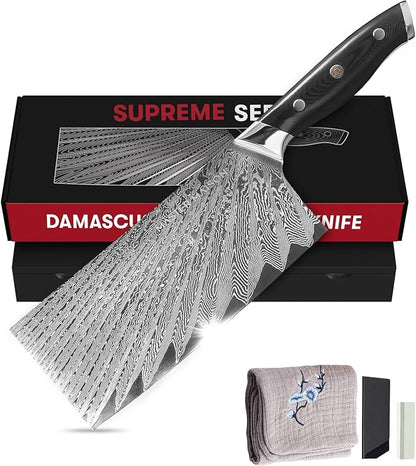 Master Maison Authentic 7.5" Damascus Cleaver Knife with Full-Tang Handle, Sheath, Sharpening Stone, Storage Box & Drying Cloth | AUS-10 Japanese Stainless Steel Professional Chef Butcher Knife Set