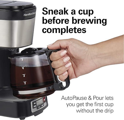 Hamilton Beach 5 Cup Drip Coffee Maker with Easy FrontFill Basket | Compact Design | Programmable Clock | Glass Carafe | Auto Pause and Pour | Black & Stainless Steel | 46111