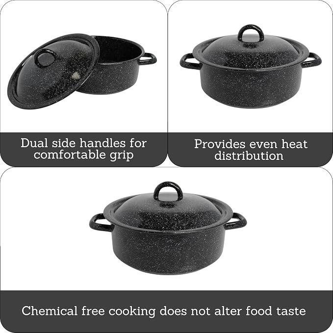 Mirro 4.5 Quart Traditional Vintage Style Black Speckled Enamel on Steel Dutch Oven with Lid, (MIR-10701)