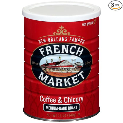 French Market Coffee & Chicory Medium-Dark Roast Ground Coffee, 12oz Can (Pack of 3)