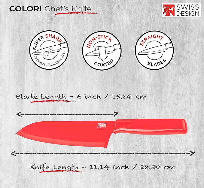Kuhn Rikon COLORI Chef’s Knife with Safety Sheath, 6 inch/15.24 cm Blade, Red