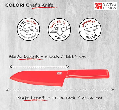 Kuhn Rikon COLORI Chef’s Knife with Safety Sheath, 6 inch/15.24 cm Blade, Red