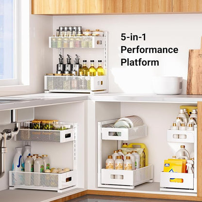 TISTAYA Pull-out Under Kitchen Sink Organizer, Metal Functional Under Sink Organizer, Height Adjustable Under Bathroom Sink Organizer, Under Sink Storage for Kitchen Bathroom Cabinet (White)