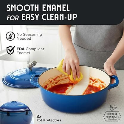 MUELLER HOME 5.5 Quart Enameled Cast Iron Oval Dutch Oven w Rooster Knob & Cotton Potholders, Heavy-Duty Cookware, Oven-Safe up to 500° F & Across All Cooktops, Gifts for Grandma & Women, Aqua Blue