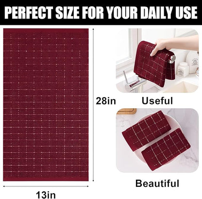 Homaxy 100% Cotton Terry Kitchen Towels(Burgundy Red, 13 x 28 inches), Checkered Designed, Soft and Super Absorbent Dish Towels, 12 Pack