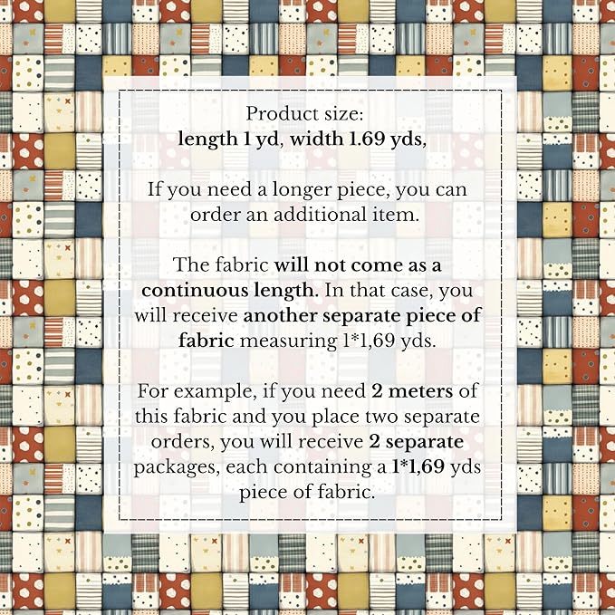 Soft Neutral Patchwork Cotton Fabric Panel 61 x 36.6 Inches, Minimal Geometric Quilt Pattern, Beige Blue Mustard Tones, 100% Cotton 140 GSM