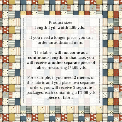 Soft Neutral Patchwork Cotton Fabric Panel 61 x 36.6 Inches, Minimal Geometric Quilt Pattern, Beige Blue Mustard Tones, 100% Cotton 140 GSM