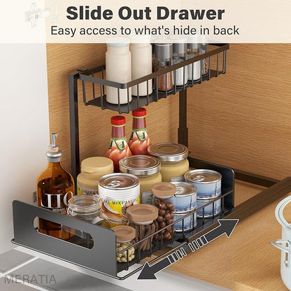 Under Sink Organizer 2 Tier, Pull Out Drawer Slides Under Sink Storage for Bathroom Kitchen,Multi-Purpose Drawer Under Cabinet Organizer for Cleaning Supplies (Black, 1 Pack)