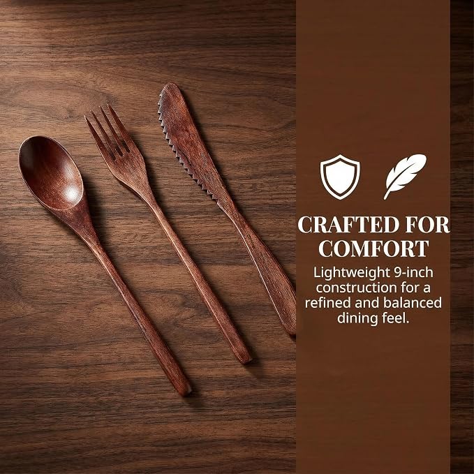 Wooden Utensils For Eating, Wood Spoon Fork Knife Cutlery Set, Dinnerware Sets For Dining And Travel Use