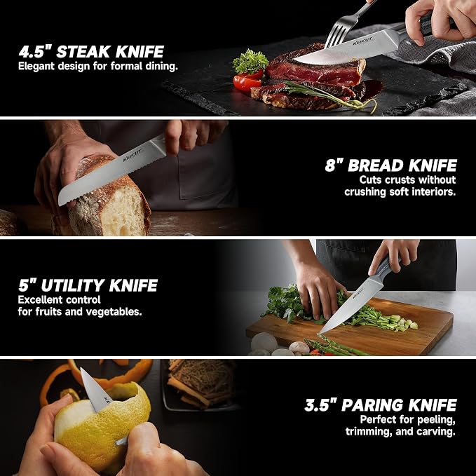 KEYCUT 13 PCS Knife Set with Block, Upgraded 5Cr15Mov High Carbon Stainless Steel Kitchen Knife Sets with Block and Sharpener, Ergonomic Full-Tang Handle, Professional Kitchen Knife Set