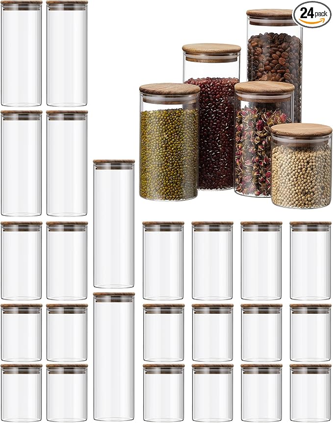 Qinyoung Glass Storage Jars with Wooden Lids, 4 Sizes Food Storage Containers Clear Stackable Canisters Airtight Glass Jars for Candy Cookie (Clear, Dark Brown, 15oz 25oz 34oz 42oz, 24 Pcs)