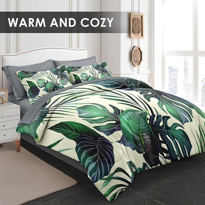 Pamnest Comforter Set Queen Size, Palm Leaf Tropical 7 Pcs Bedding for Kids and Adults, Plants Leaves Hawaiian Bed Sheet Sets with Fitted Sheet 2 Pillowcase & 2 Sham for Bedroom Bed Decor