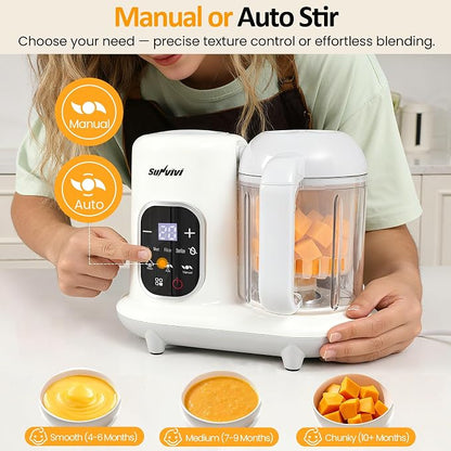 Sunvivi Baby Food Maker: All-in-one Baby Food Processor with Steam, Heating, Unfreeze, Blender, Electric Blender and Food Processor Combo with Self Clean LCD Display, Baby Food Steamer Grinder White