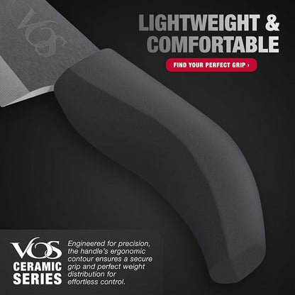 Vos ceramic knives set for kitchen in gift box, 5 ceramic knife with cover with scissors, 3" 4" 5" 6" ultra sharp knives for home cooks, lightweight, rust-free, dishwasher safe (Black handle)